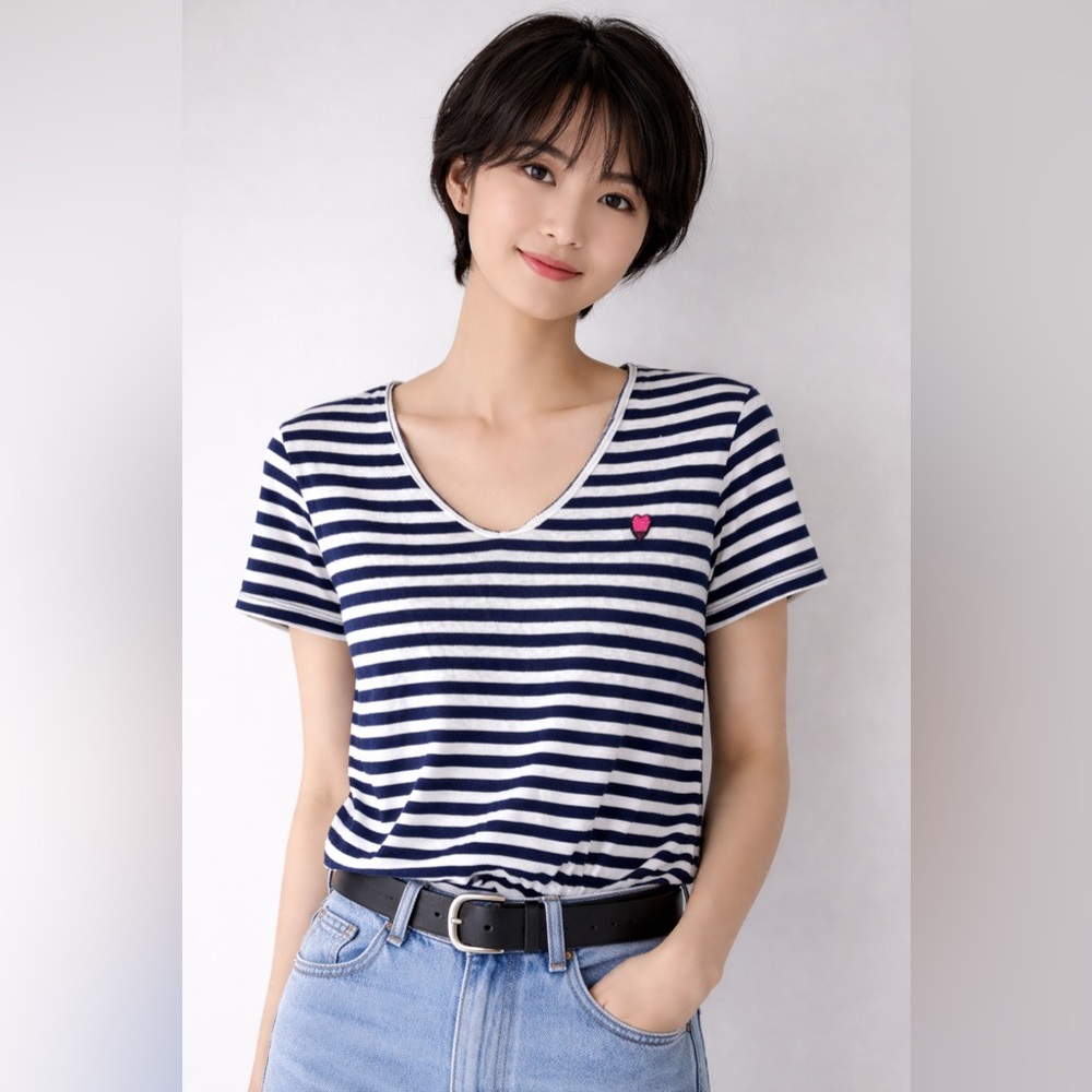 MOS MOSH 100% Linen Striped Tee with Heart Detail